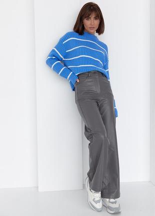 Женский вязаный свитер оверсайз в полоску - синий цвет, l (есть размеры)3 фото