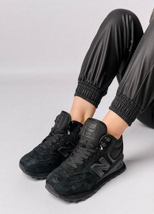 Женские зимние кроссовки nb 574 high all black suede fur2 фото