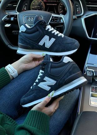 Женские зимние кроссовки nb 574 high dark blue white fur