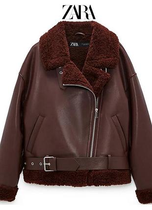Zara стильная дубленка авиатор на меху