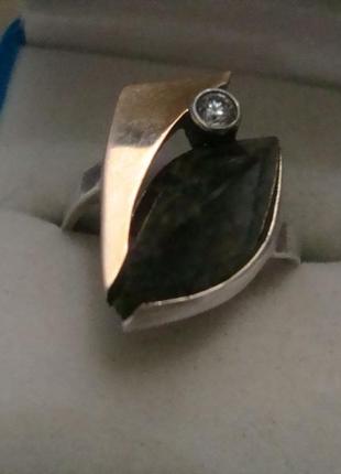 Кольцо камень змеевик фианит золото серебро 875 проба украина №2743 фото