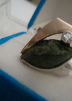 Кольцо камень змеевик фианит золото серебро 875 проба украина №2744 фото