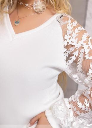Кофта женская ангоровая с полупрозрачными рукавами, нарядная, батал, белая1 фото