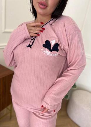 Женская флисовая пижама больших размеров в рубчик, розовая4 фото