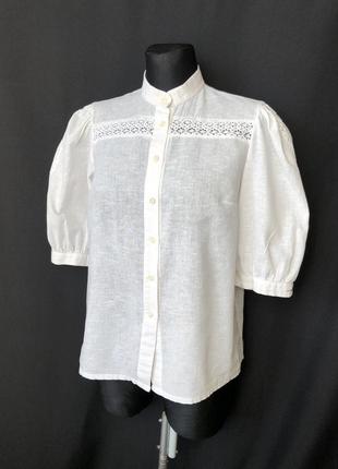 Белая блузка баварская воротник стойка хлопок винтажная короткий рукав
