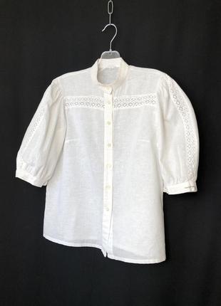 Біла блузка баварська комір-стійка бавовна вінтажна короткий рукав4 фото