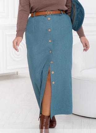 Спідниця — максі жіноча довга, джинсова, з розрізом, застібка на ґудзики, однотонна, блакитна