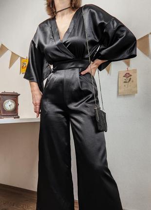 Комбинезон атлас черный штаны кимоно азиатское восточное брюки xs s xxs карманы на запах кюлоты2 фото