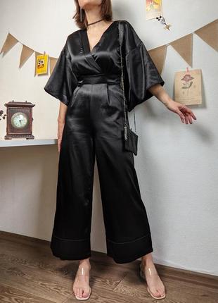 Комбинезон атлас черный штаны кимоно азиатское восточное брюки xs s xxs карманы на запах кюлоты