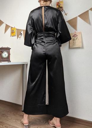 Комбинезон атлас черный штаны кимоно азиатское восточное брюки xs s xxs карманы на запах кюлоты8 фото