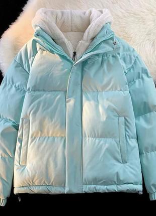 Куртка жіноча зимова тепла блакитна з капішоном на блискавці з кишенями якісна стильна трендова