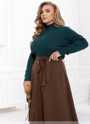 Юбка женская средней длины миди, а-силуэта, с карманами, с поясом, батал, однотонная, шоколадная2 фото