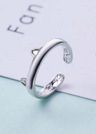 Регулируемое женское кольцо из s925 пробы серебра с котячими ушками посеребрение блестящее необычная стиль мода тренд подарок