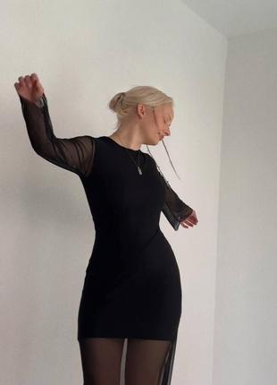 Платье черное однотонное на длинный рукав с сеткой качественное стильное трендовое4 фото