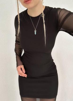 Платье черное однотонное на длинный рукав с сеткой качественное стильное трендовое3 фото