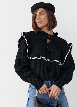 Укороченный вязаный женский свитер джемпер с рюшами