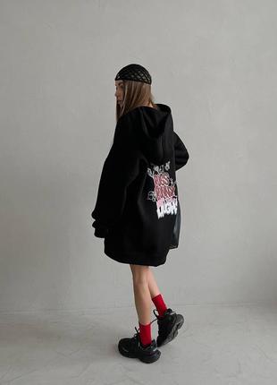 Худи женское теплое на флисе оверсайз с капишоном с карманом с принтом качественное стильное трендовое черное графитовое2 фото