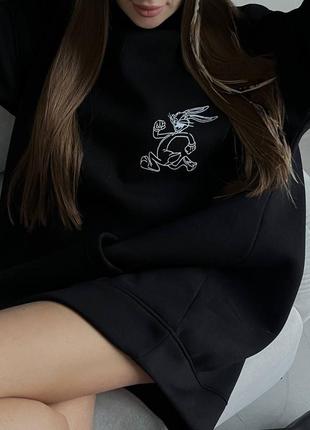 Худи женское теплое на флисе оверсайз с капишоном с карманом с принтом качественное стильное трендовое черное графитовое3 фото
