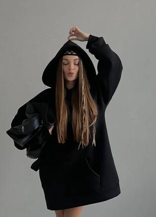 Худи женское теплое на флисе оверсайз с капишоном с карманом с принтом качественное стильное трендовое черное графитовое