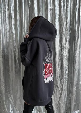 Худи женское теплое на флисе оверсайз с капишоном с карманом с принтом качественное стильное трендовое черное графитовое4 фото
