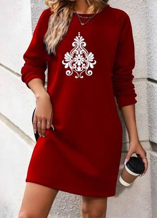 Платье короткое оверсайз с принтом на длинный рукав качественная стильная трендовая красная синяя