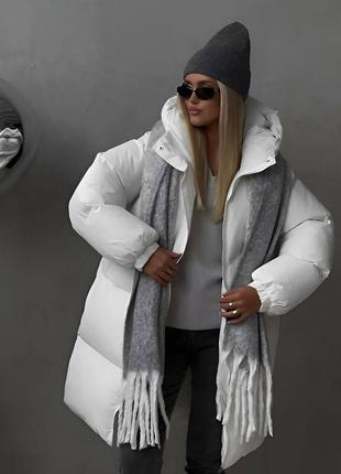 Женская удлиненная зимняя трендовая теплая белая курточка 2024 до -20 градусов