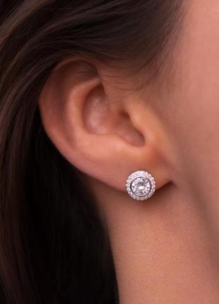 Срібні s925 сережки пусети класичні з камінням фіанітів, сережки гвоздики з камінням по колу, срібні кульчик на кожен день, подарунок