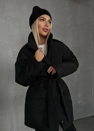 Стильная женская зимняя куртка из качественной плащёвки, белая, черная, коричневая курточка батал с поясом6 фото