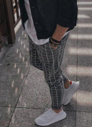 Мужские стильные клетчатые кашемировые штаны на резинке серые4 фото