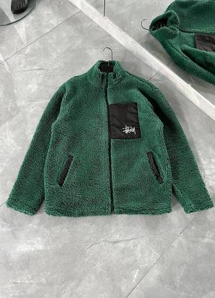 Плюшева куртка жіноча / чоловіча зелена / чорна oversize stussy тепла