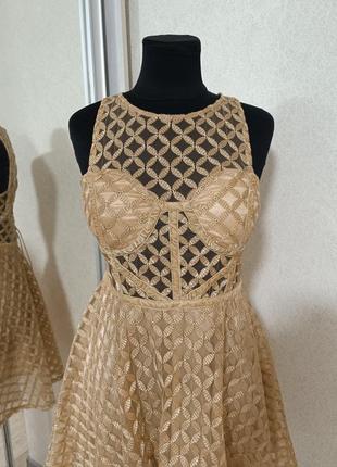 Нарядное сексуальное эффектное прозрачное золотое блестящее платье 👗 с шнуровкой на спинке корсет в виде sandro maje6 фото