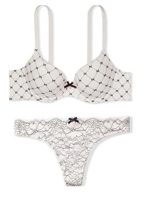 Комплект бело-черный бюст, трусики стринги оригинал victoria’s secret