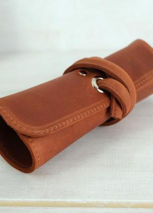 Кожаный пенал "скрутка на 4 кармана", натуральная винтажная кожа, цвет коньяк