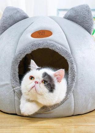 Уютный домик для кота resteq серого цвета. место сна для кота. кошачий домик с ушками. лежак для кошек