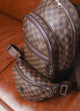 Комплект рюкзак + бананка louis vuitton коричнева клітка3 фото