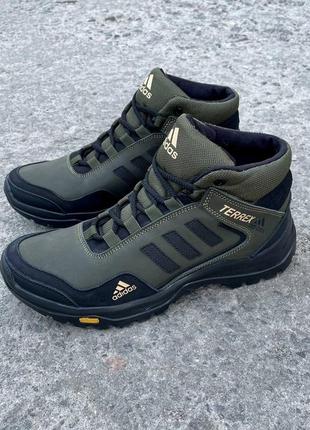 Зима натуральна шкіра adidas кросівки ботинки шерсть хакі черевики чоловічі мужские5 фото