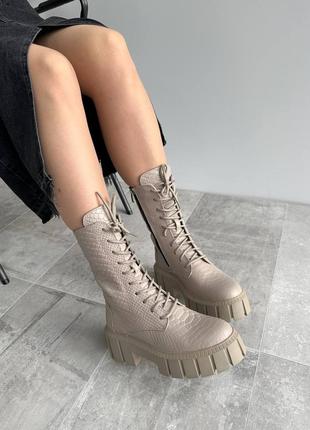 Ботинки в стиле берцы женские кожаные зимние, бежевые