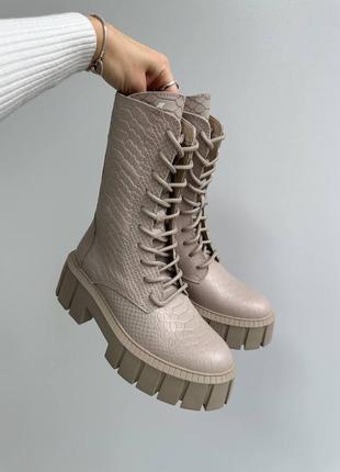 Ботинки в стиле берцы женские кожаные зимние, бежевые7 фото