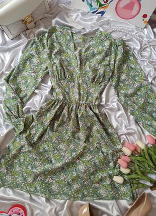 Легка сукня з довгим рукавом з імітацією корсета зелена м'ятного кольору квітковий принт