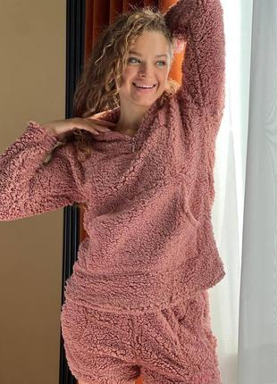 Жіноча тепла плюшева рожева піжама з шортами тедді4 фото