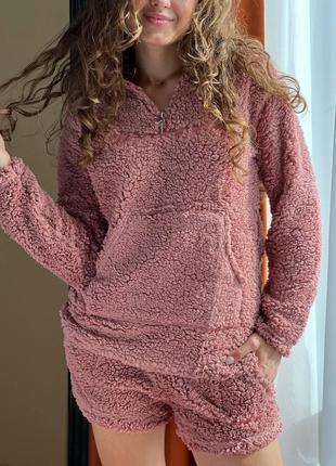 Жіноча тепла плюшева рожева піжама з шортами тедді1 фото