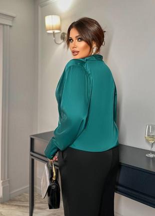 Шелковая блуза на запах (зелёный)| женская нарядная атласная рубашка
