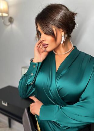 Шелковая блуза на запах (зелёный)| женская нарядная атласная рубашка