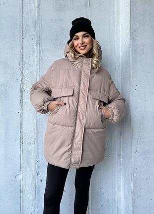 Жіноча зручна красива тепла мокко подовжена куртка на євро зиму 2024