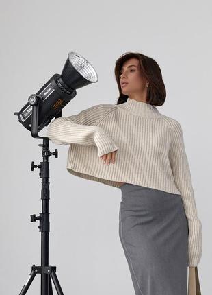 Короткий в'язаний светр у рубчик із рукавами-регланами — бежевий колір, l (є розміри)10 фото