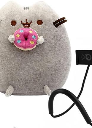 Мягкая игрушка пушин кэт pusheen cat 23х25 см с пончиком и держатель для телефона lazy bracket black n-11562