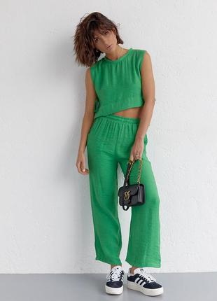 Летний женский костюм с брюками и топом с завязками - зеленый цвет, l (есть размеры)5 фото