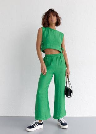 Летний женский костюм с брюками и топом с завязками - зеленый цвет, l (есть размеры)1 фото