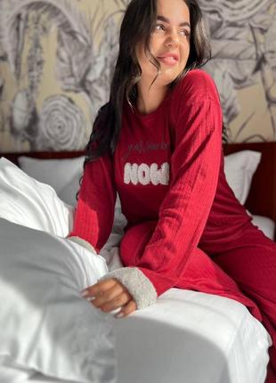 Женская флисовая пижама больших размеров в рубчик, красная2 фото