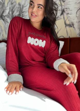 Женская флисовая пижама больших размеров в рубчик, красная1 фото